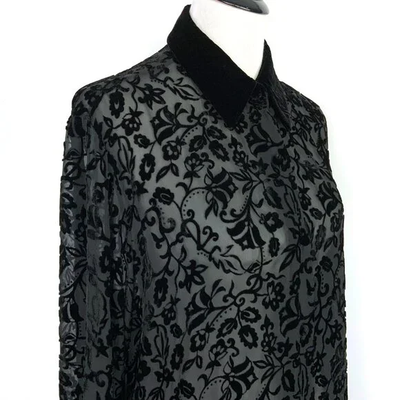 Vintage Y2K Black Sheere Burnout Velvet Blouse from Deane & White Sz M - Picture 9 of 16